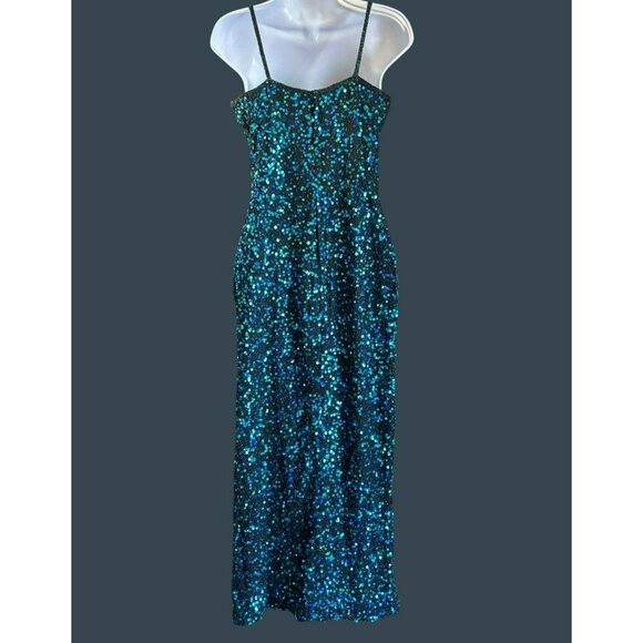 Vintage Scala Blue Green Fully Beaded Silk Evening Gown Medium Prom Y2K Rare - Picture 7 of 12